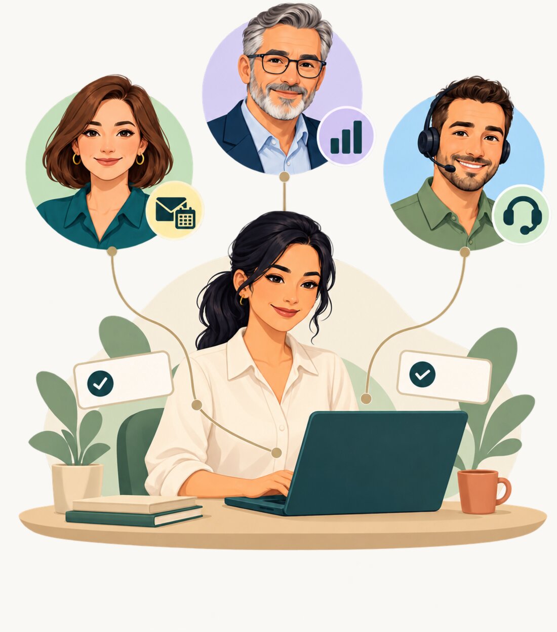 A business owner at her laptop, with three NorthStaff agents around her: an office manager, a finance agent and a customer-support agent.